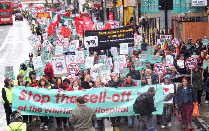 The front of the demonstration on March 16 against the sell-off of the Whittington hospital in north London