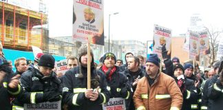 Firefighters lobby the London Fire Authority against cuts and station closures