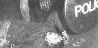 Thatcher’s law at work – miner lies badly injured at Maltby in September 1984. He had been battered by police forces sent up from London to attack miners picket lines
