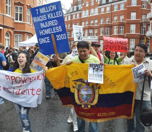 Rally at the Ecuadorian Embassy in London last August when the Julian Assange/WikiLeaks decision was announced