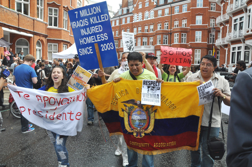 Rally at the Ecuadorian Embassy in London last August when the Julian Assange/WikiLeaks decision was announced