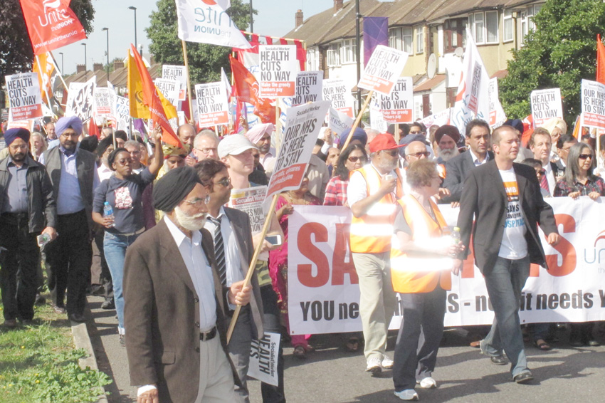 Nationwide, people are taking to the streets to defend their hospitals. Picture shows 10,000-strong march in Ealing last September
