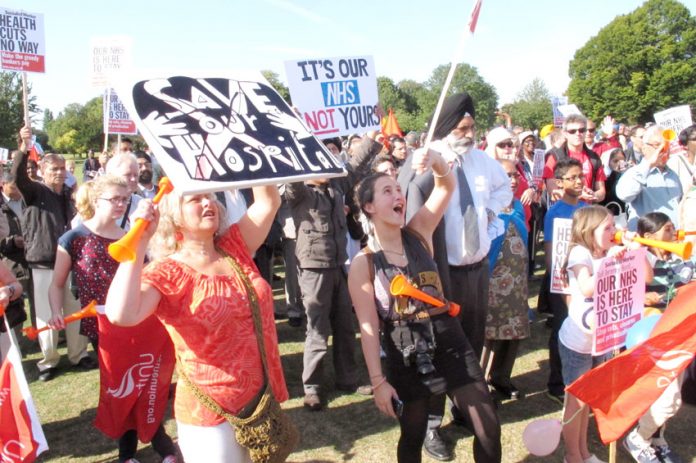 A section of the 10,000-strong demonstration against the closure of four west London hospitals last September. 30,000 marched against the closure of Stafford Hospital last Saturday