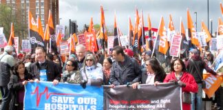 The front of Saturday’s demonstration to keep Ealing Hospital open leaves Southall Park to a rally on Ealing Common to join marchers from Acton Park demanding that Charing Cross and hammersmith hospitals be kept open