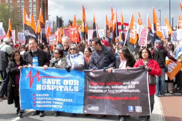 The front of Saturday’s demonstration to keep Ealing Hospital open leaves Southall Park to a rally on Ealing Common to join marchers from Acton Park demanding that Charing Cross and hammersmith hospitals be kept open