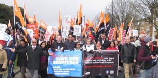 Lead banner on Saturday’s 10,000 strong march to defend Ealing, Charing Cross, Hammersmith and Central Middlesex hospitals