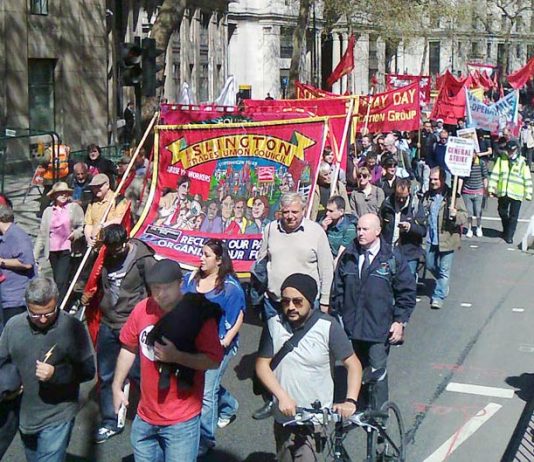 A section of the May Day march in London making its way to Trafalgar Square yesterday afternoon