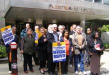 Striking PCS members on the picket line outside the Equality and Human Rights Commission in central London yesterday