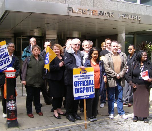 Striking PCS members on the picket line outside the Equality and Human Rights Commission in central London yesterday