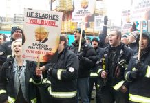 Firefighters demonstrating outside the London Fire Authority on February 11 against plans to close 12 fire stations in London