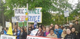 A section of the lively picket of teachers and school support workers outside Copland Community School in Brent