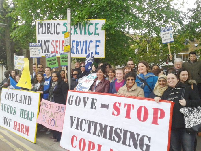 A section of the lively picket of teachers and school support workers outside Copland Community School in Brent