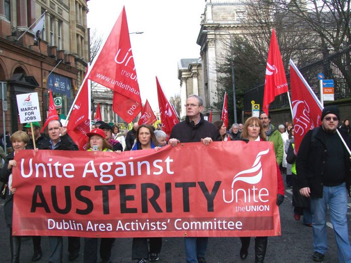Workers marching in Dublin on February 9th against the coalition’s austerity measures