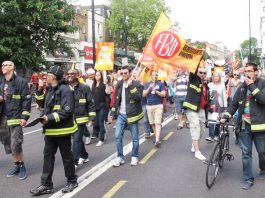 ‘WE WILL PROTECT OUR FIRE SERVICE’ –pledges FBU general secretary Matt Wrack Kingsland firefighters at the head of their march in a buoyant and determined mood
