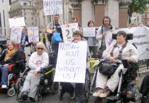 Demonstration outside parliament yesterday celebrating the twenty fifth birthday of the Independent Living Fund (ILF) which was set up to support disabled people with the highest levels of support need to live in the community instead of being confined to