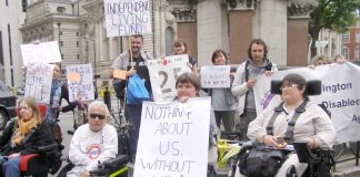 Demonstration outside parliament yesterday celebrating the twenty fifth birthday of the Independent Living Fund (ILF) which was set up to support disabled people with the highest levels of support need to live in the community instead of being confined to