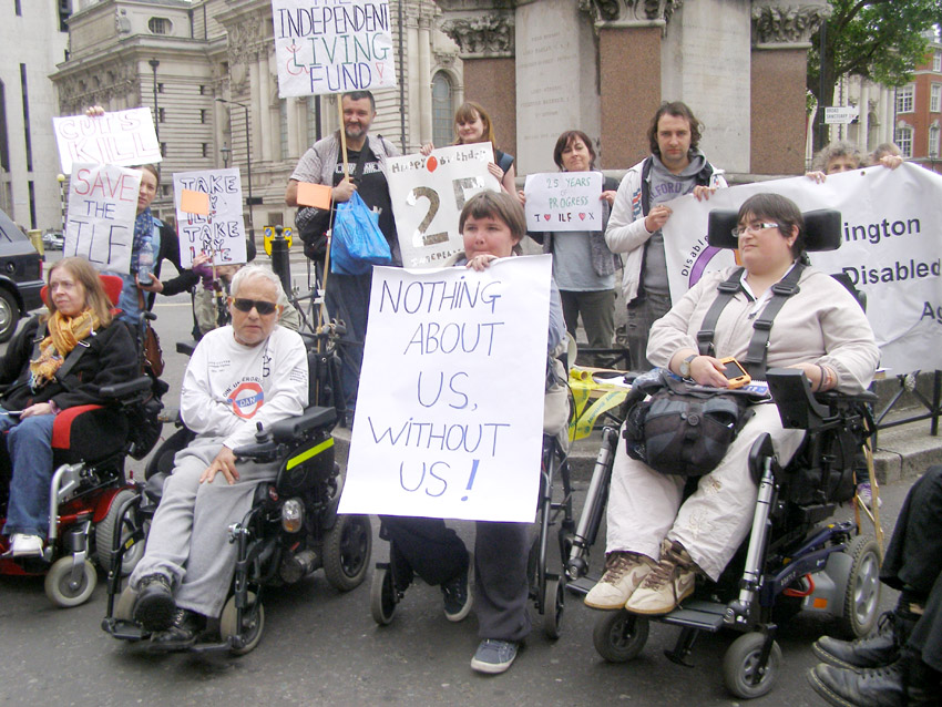 Demonstration outside parliament yesterday celebrating the twenty fifth birthday of the Independent Living Fund (ILF) which was set up to support disabled people with the highest levels of support need to live in the community instead of being confined to