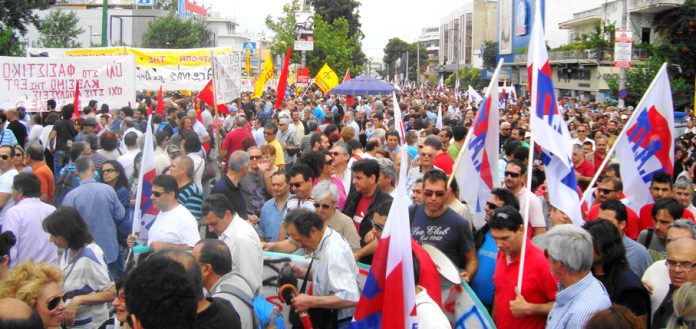 Part of the huge general strike rally last Thursday on the duel carriageway outside the occupied ERT in Athens