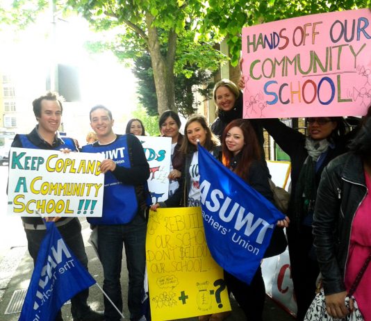 Staff of Copland School in Wembley last month campaigning against it becoming an Academy