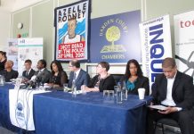 Mother of Azelle Rodney, SUSAN ALEXANDER, (beneath her campaign banner) addressing yesterday’s press conference