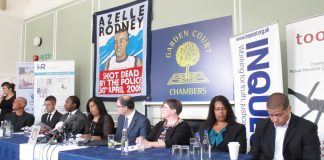 Mother of Azelle Rodney, SUSAN ALEXANDER, (beneath her campaign banner) addressing yesterday’s press conference