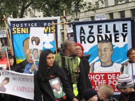 The Azelle Rodney Campaign banner on last October’s United Families and Friends Campaign march to Downing Street demanding justice for those that have died at the hands of the state