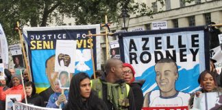 The Azelle Rodney Campaign banner on last October’s United Families and Friends Campaign march to Downing Street demanding justice for those that have died at the hands of the state