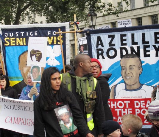 The Azelle Rodney Campaign banner on last October’s United Families and Friends Campaign march to Downing Street demanding justice for those that have died at the hands of the state