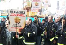 Firefighters lobby the London Fire Authority on February 11 demanding ‘No cuts’