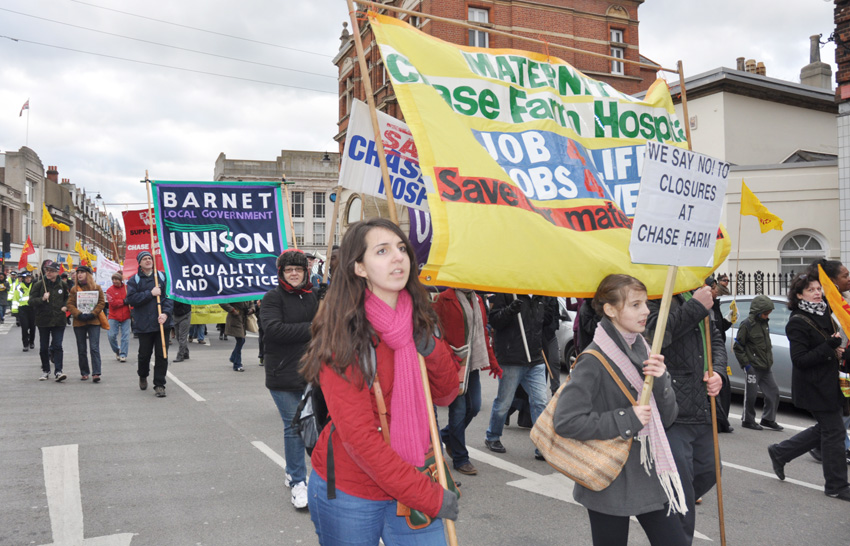 Midwives banner on the North East London Council of Action demonstration in Enfield to keep open Chase Farm Hospital