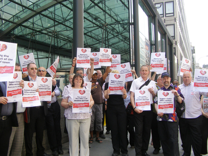 Post Office workers rally yesterday afternoon in Westminster while striking to keep Crown Post Offices open