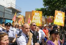 A section of the big firefighters’ lobby of the London Fire Authority in Waterloo yesterday