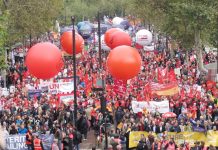 The front of last October’s 500,000-strong TUC demonstration – Miliband is determined to drive the organised trade unions out of the Labour Party