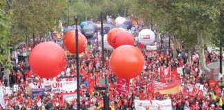 The front of last October’s 500,000-strong TUC demonstration – Miliband is determined to drive the organised trade unions out of the Labour Party