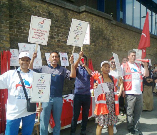 Unite members were on strike yesterday at the One Housing Group head office in Chalk Farm, north London