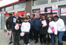 CWU leaders DAVE WARD (second left) and BILLY HAYES (fifth right) on the Crown Post Office picket line in Stockwell