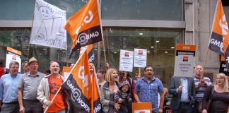 GMB demonstration outside the London Tribunals Office yesterday morning demanding the Tribunal charges be withdrawn