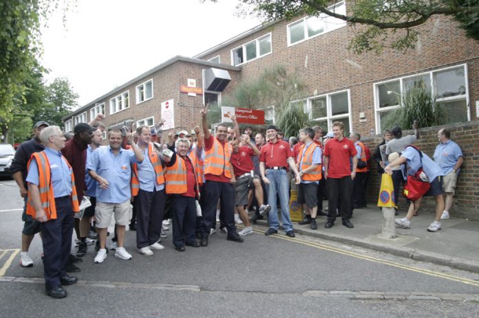 Pickets out in force at Hampstead Delivery office during strike action in August 2009