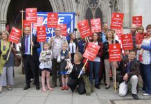 An enthusiastic picket outside the High Court yesterday morning. They are determined to continue the battle to stop the coalition destroying the NHS