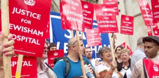 Campaigners to keep Lewisham Hospital open celebrate the High Court’s decision that Health Secretary Hunt was breaking the law with his decision to run down the A&E and other departments in the hospital