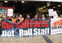 Rail unions demonstrating outside Euston station last October against the West Coast Mainline tendering scandal