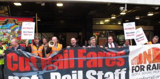 Rail unions demonstrating outside Euston station last October against the West Coast Mainline tendering scandal