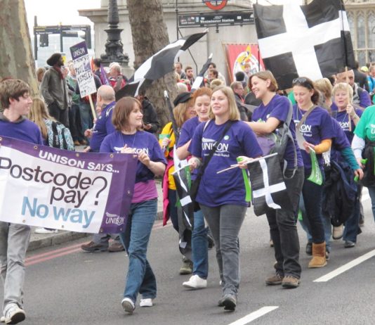 Unison members demonstrating against government plans for local pay on the TUC march last October 2012. Such protests could be criminalised under the Lobbying Bill