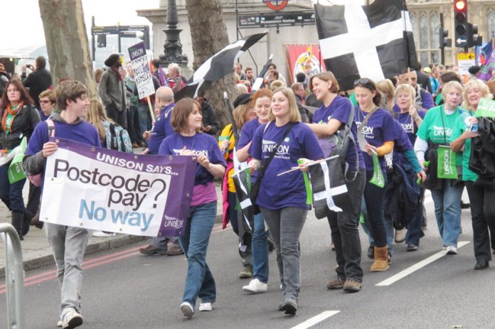 Unison members demonstrating against government plans for local pay on the TUC march last October 2012. Such protests could be criminalised under the Lobbying Bill