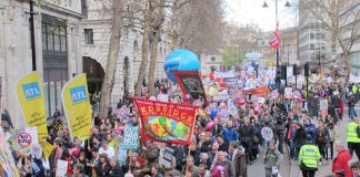 Teachers march during a national public sector strike in defence of pensions