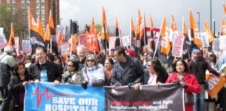 Tens of thousands marched in April against the planned closure of four west London A&Es. Ex-Labour Health Secretary Hewitt supports closing NHS hospitals and sending patients to India