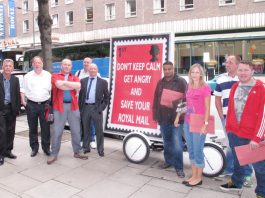 CWU members with campaign banner outside the Policy Forum
