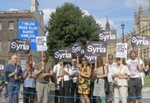 The demonstration outside the House of Commons yesterday afternoon demanding that the UK and US keep their hands off Syria