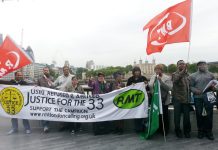 Lively and determined London Underground workers picketing Mayor Johnson’s City Hall offices demanding their jobs back