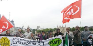 Lively and determined London Underground workers picketing Mayor Johnson’s City Hall offices demanding their jobs back